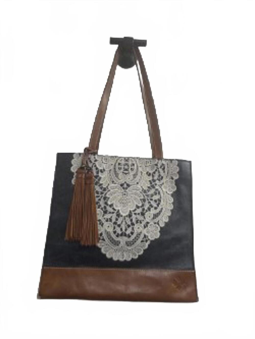 Patricia Nash Blue and Brown Leather Tote Bag with Lace Detail and Tassel